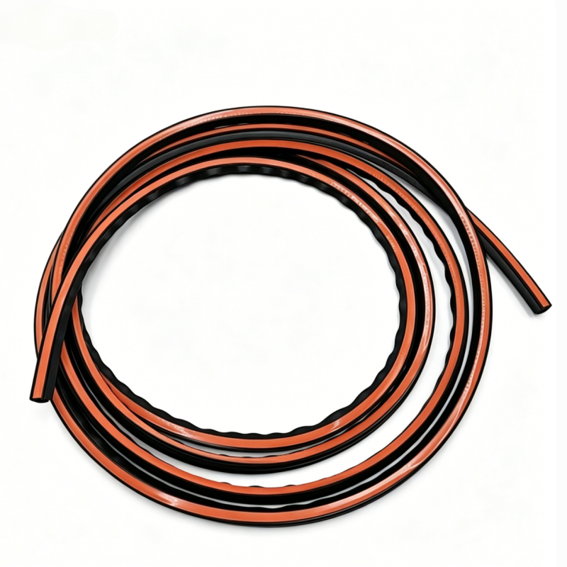 Rolled sunroof seal gasket strip, orange center with black edges and single loose end