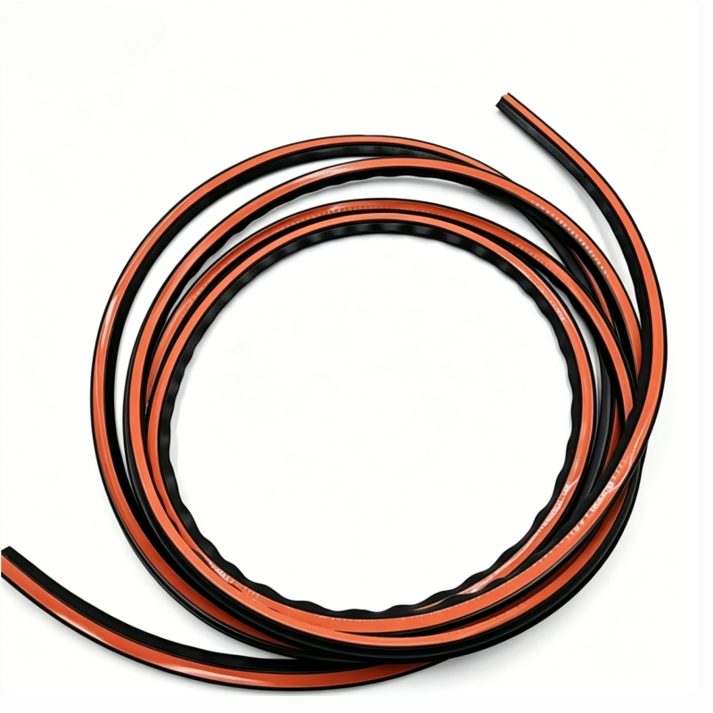 Sunroof seal gasket strip set with orange center and black edge, rolled loop