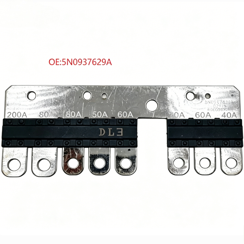 Multi fuse strip with black fuses on metal rail, multiple amp markings and terminal tabs.