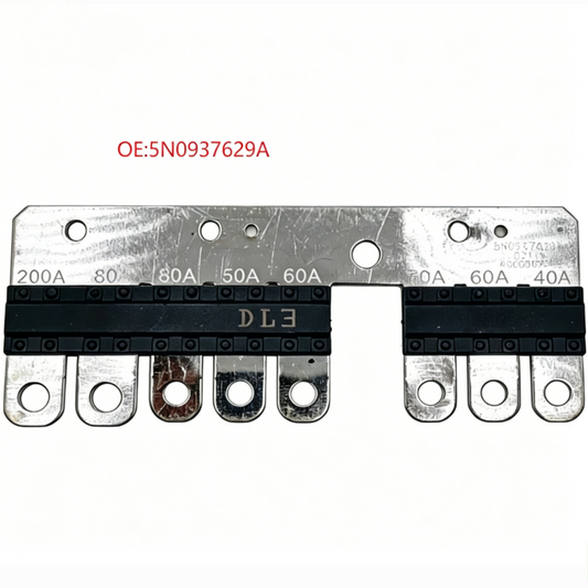 Multi fuse strip with black fuses on metal rail, multiple amp markings and terminal tabs.