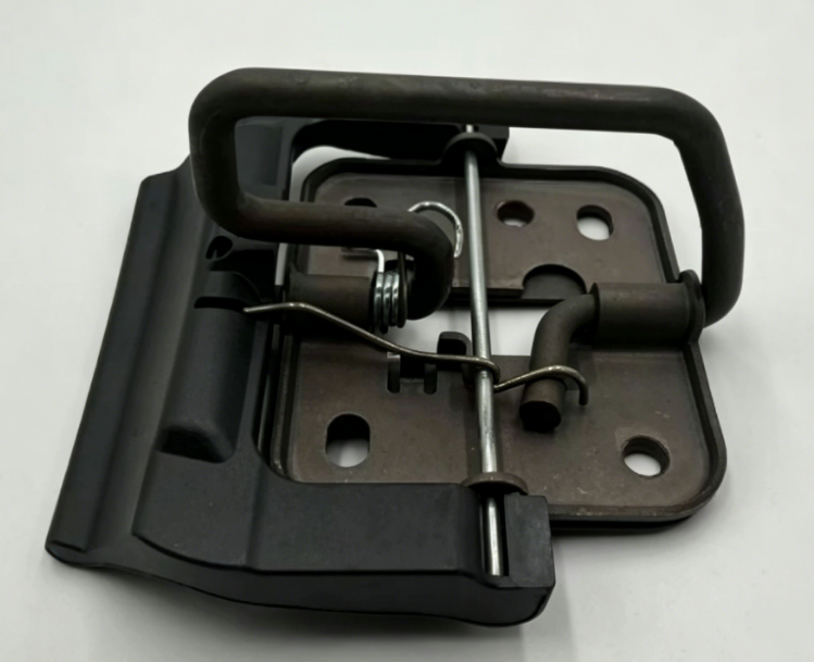 Hood latch upper lock catch assembly with rod, springs, and black mounting plate
