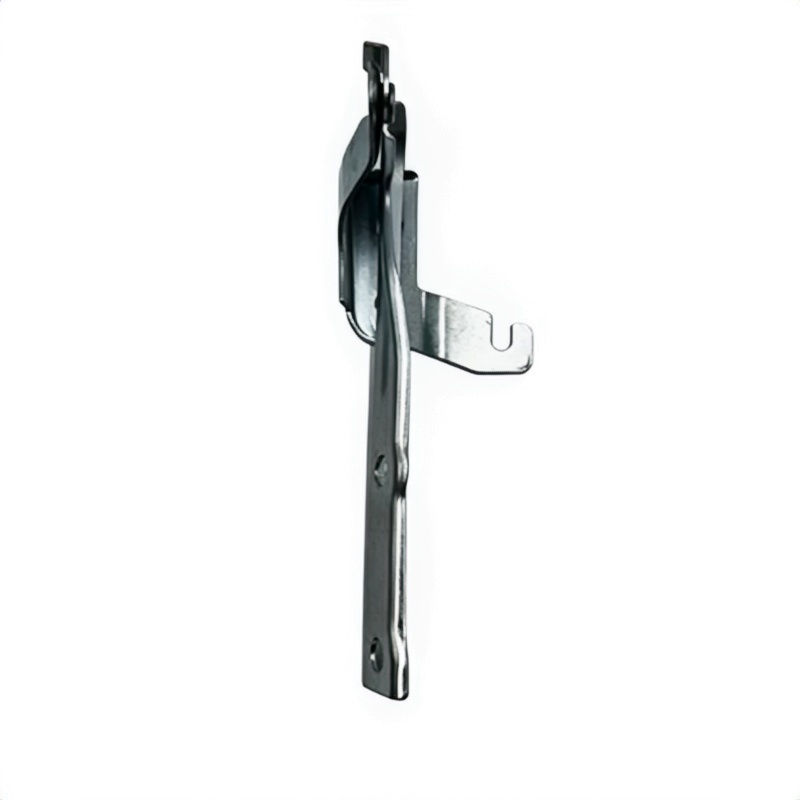 Left hood hinge bracket, steel with curved arm and mounting tab