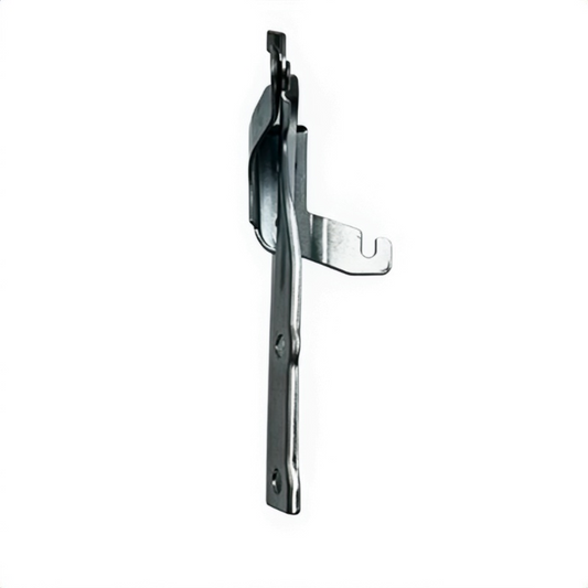 Left hood hinge bracket, steel with curved arm and mounting tab