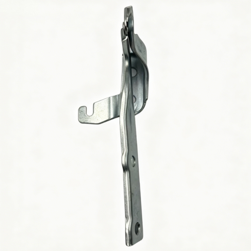 Right hood hinge bracket, steel arm with spring clip and mounting holes