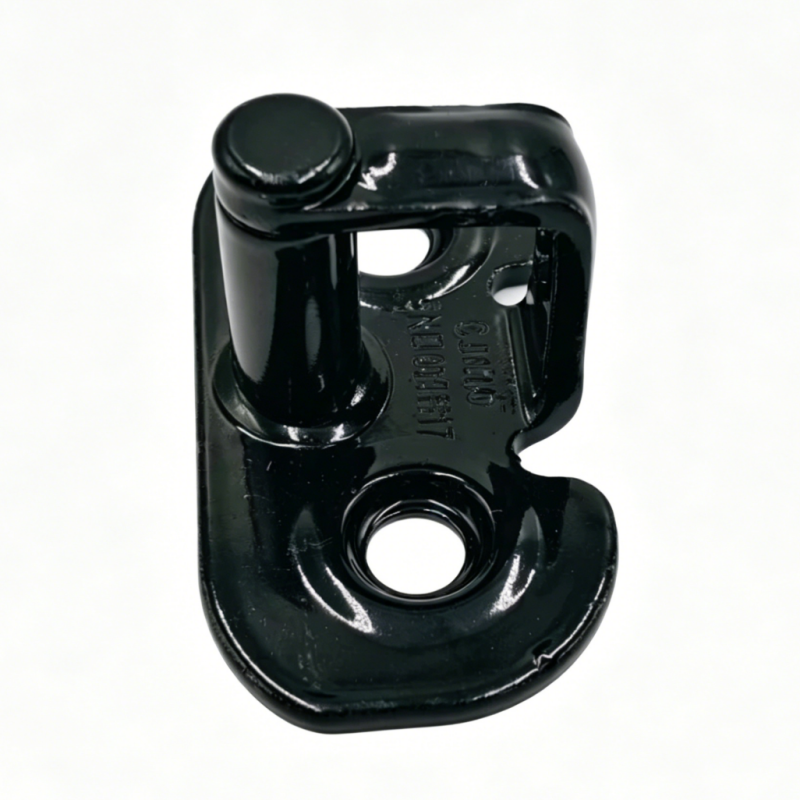 Black tailgate lock striker with round latch opening and mounting hole