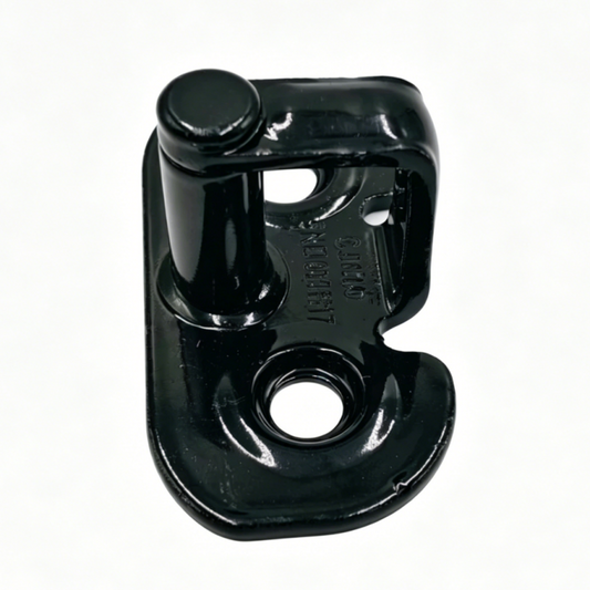 Black tailgate lock striker with round latch opening and mounting hole