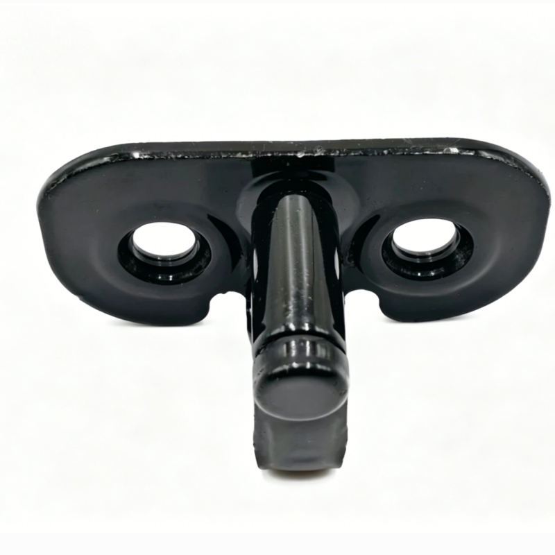 Black tailgate lock striker plate with two side holes and central pin mount