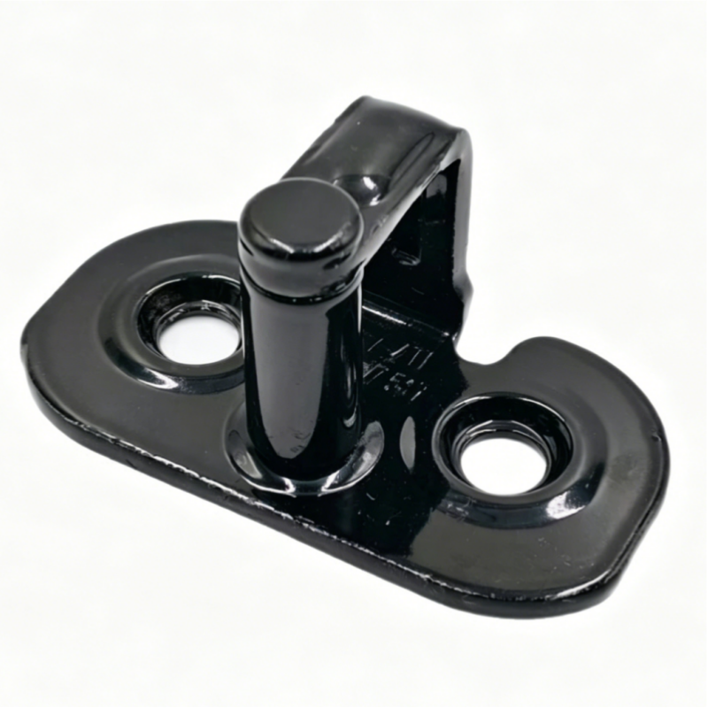 Black tailgate lock striker bracket with three holes on angled base
