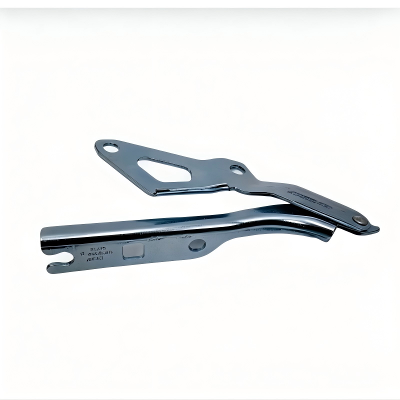Hood hinge bracket set with chrome metal arms and black base plates