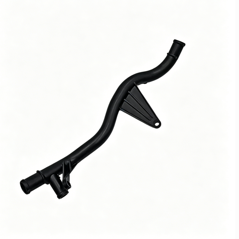 Black coolant hose with molded outlet fitting and triangular mounting plate