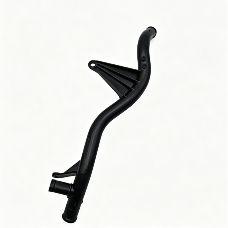 Black rubber coolant hose with angled bend and mounting bracket