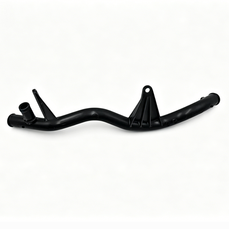 Black rubber coolant hose with long curved section and bracketed ports