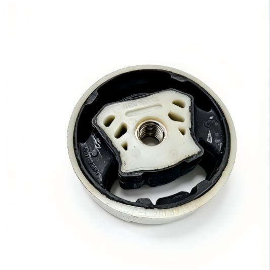 Suspension subframe bushing mount pair with rubber body and metal threaded insert