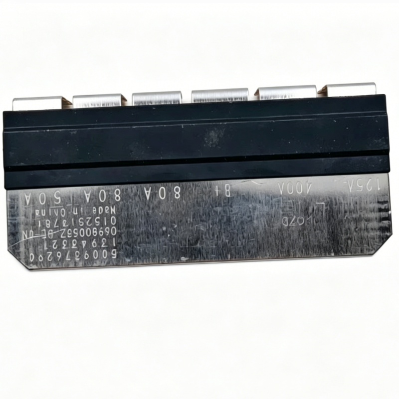 Multi-fuse strip for VW: black base with metal fuse terminals and printed numbers