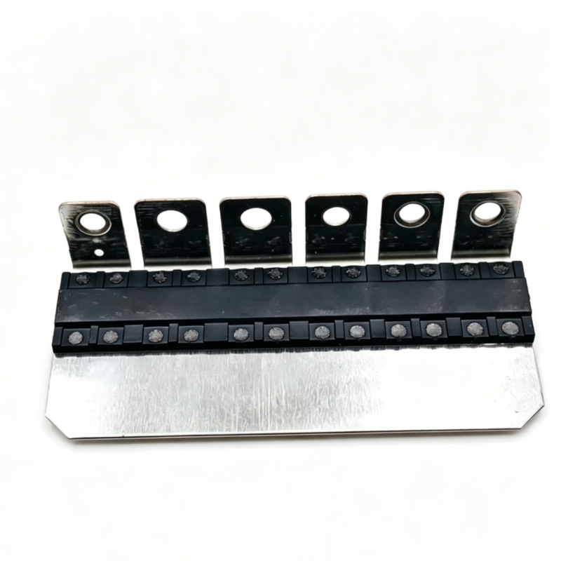 Fuse strip terminal block with six metal posts, black housing, and row of fuse positions