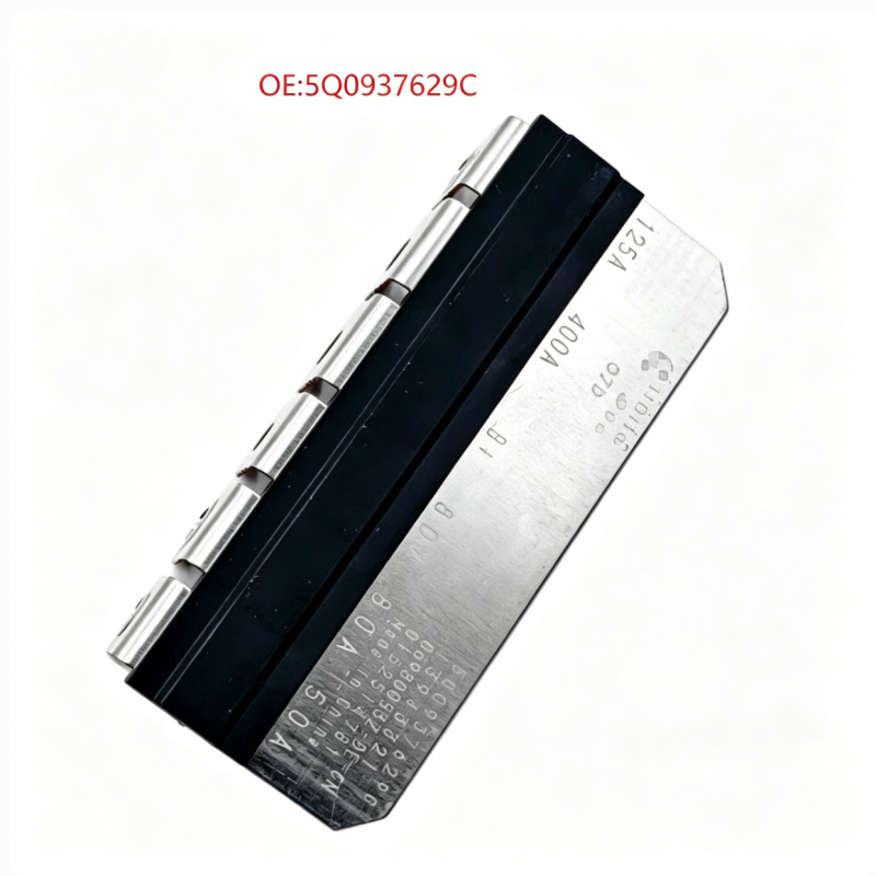 Black and silver fuse strip module with metal mounting tabs and engraved markings