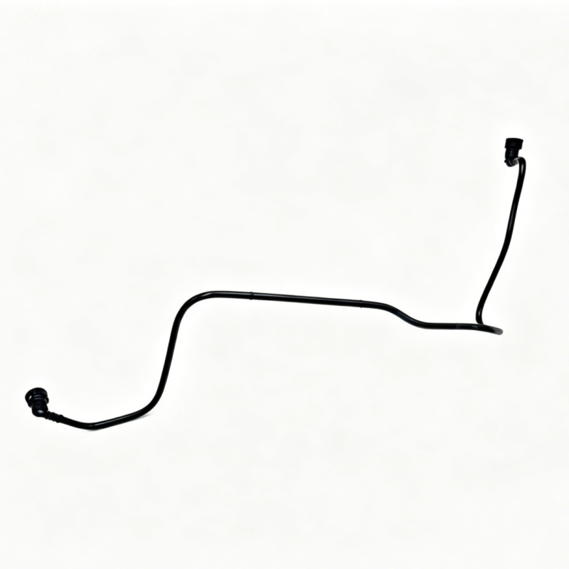 Black fuel hose with two end connectors, curved tubing for engine fuel line