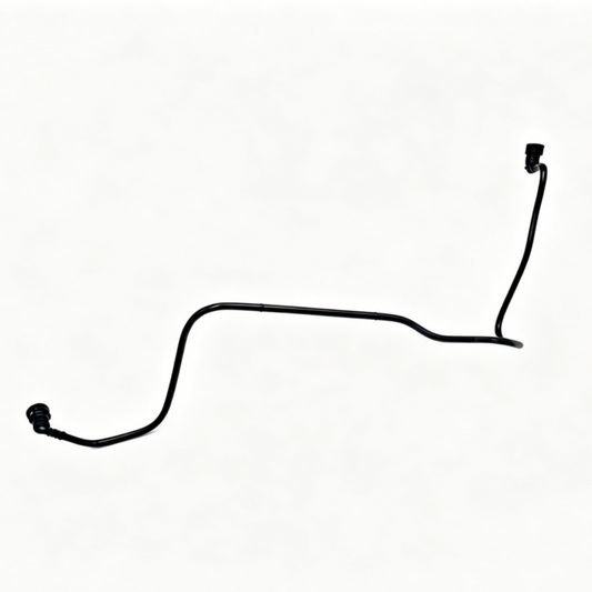 Black fuel hose with two end connectors, curved tubing for engine fuel line