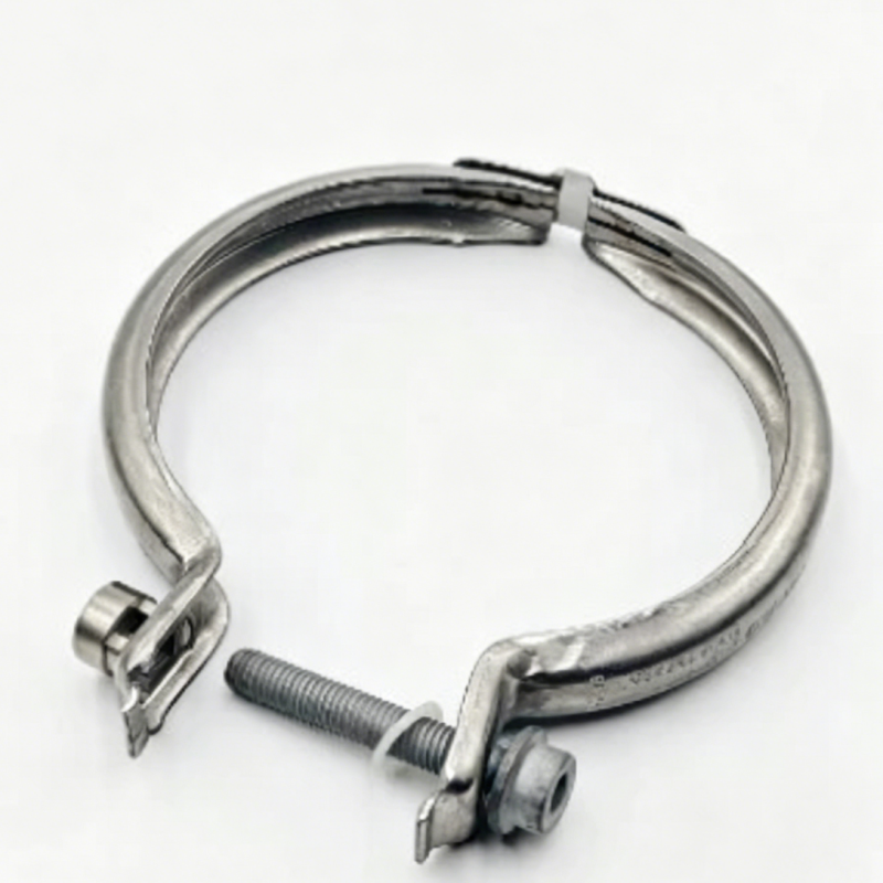 Exhaust pipe clamp with bolt and bracket, galvanized steel band.