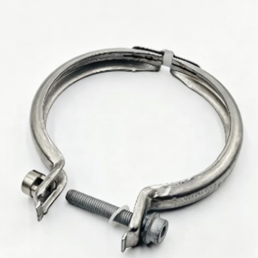 Exhaust pipe clamp with bolt and bracket, galvanized steel band.