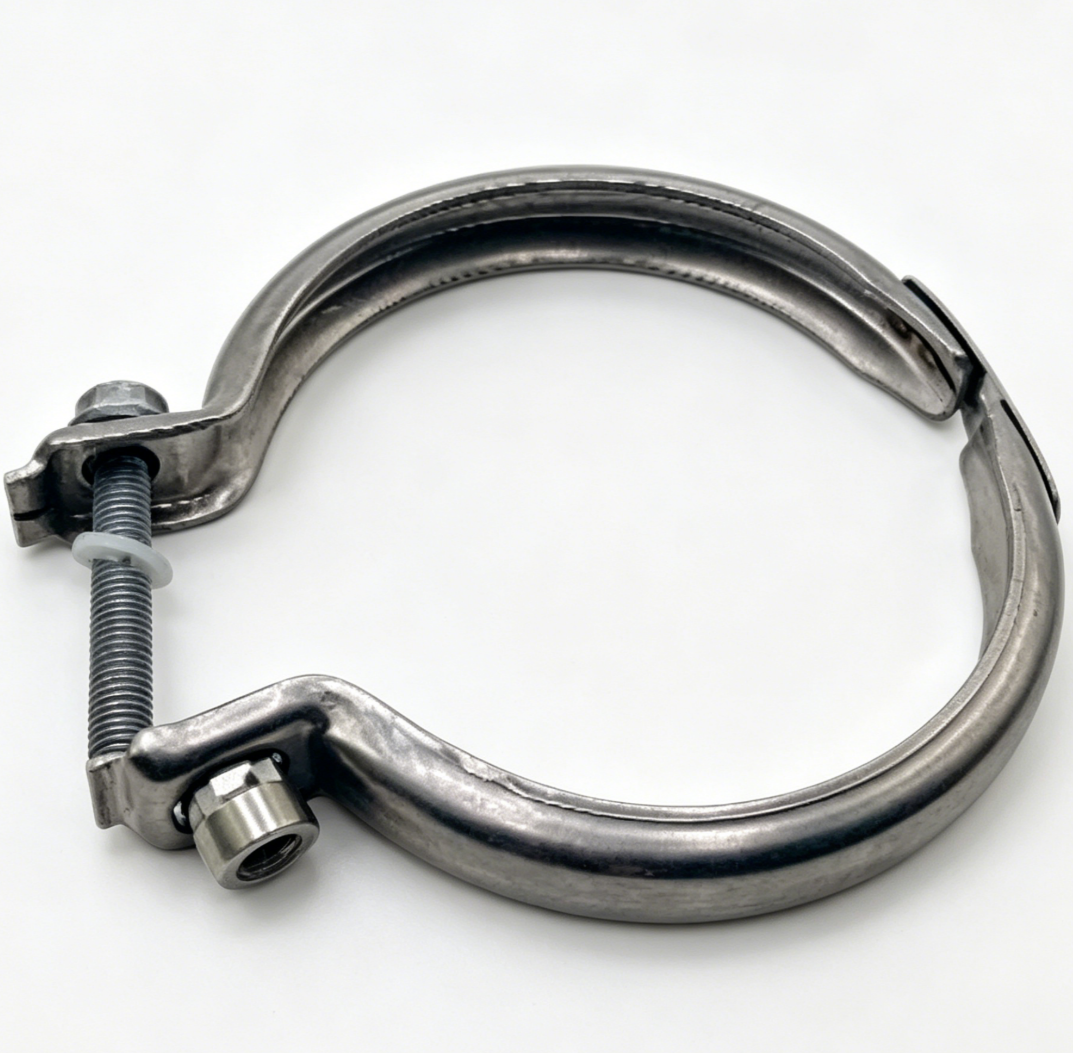 Exhaust pipe clamp with threaded screw and metal band, galvanized.