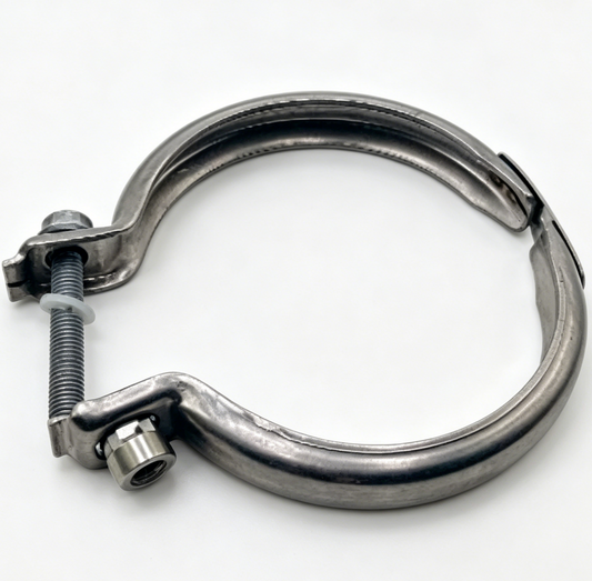 Exhaust pipe clamp with threaded screw and metal band, galvanized.