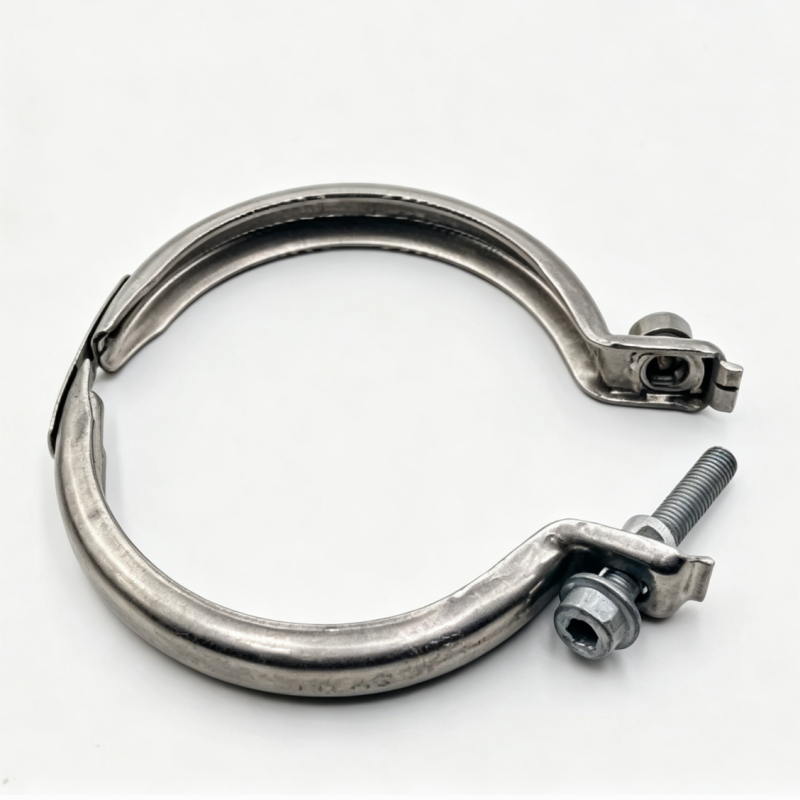 Exhaust pipe clamp with mounting bracket and metal band, galvanized.
