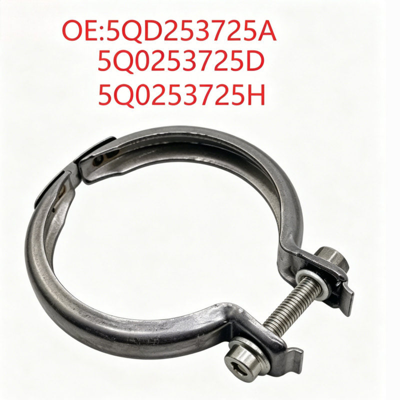 Exhaust pipe clamp with circular metal band and threaded tightening bolt, steel finish