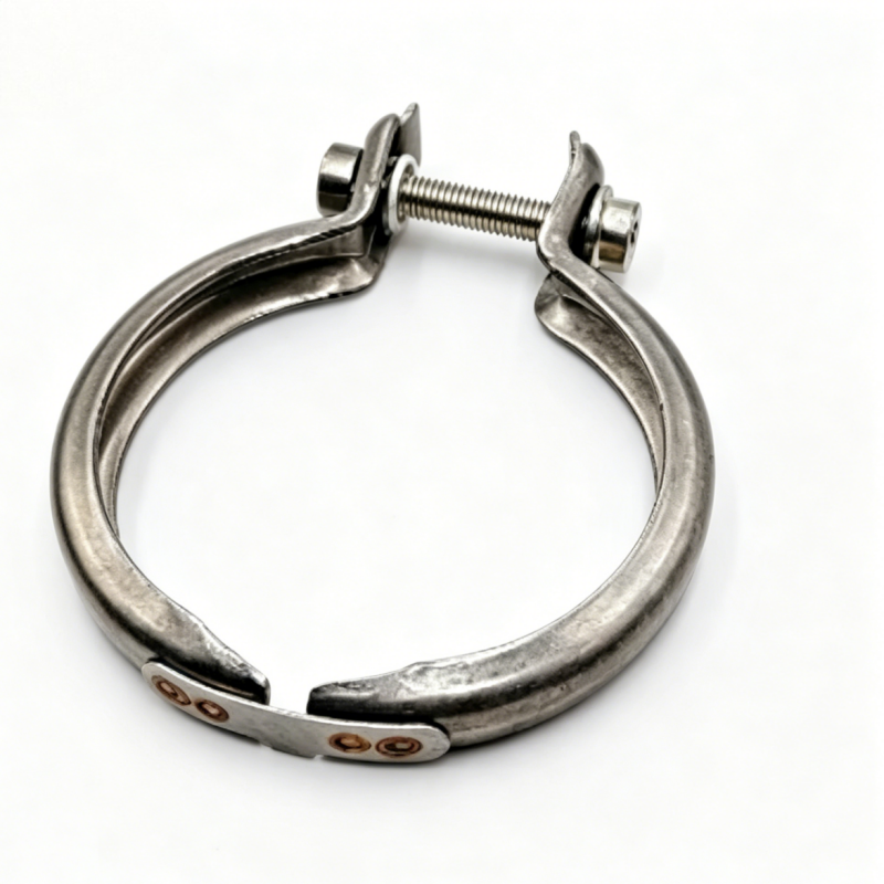 Exhaust pipe clamp circular band with two tabs and tightening screw, silver-gray metal