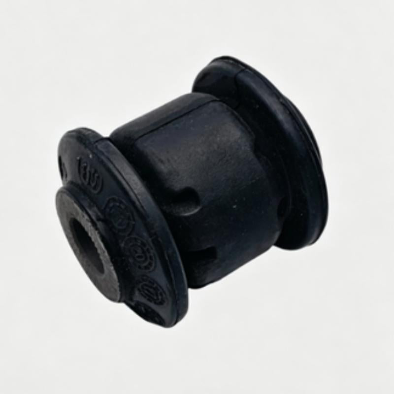 Black control arm bushing with flanged rubber body and central mounting hole