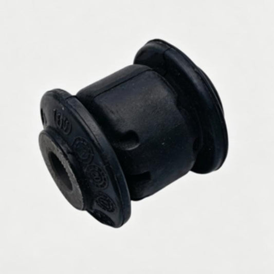 Black control arm bushing with flanged rubber body and central mounting hole