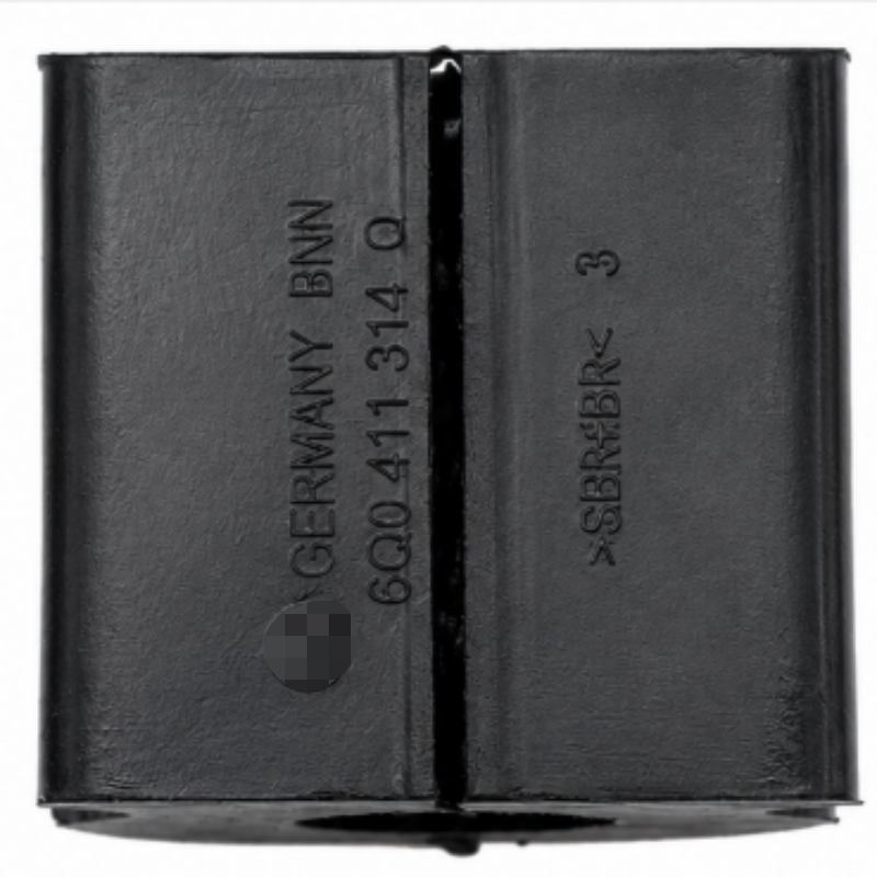 Black stabilizer bar bushing sleeve with part number markings