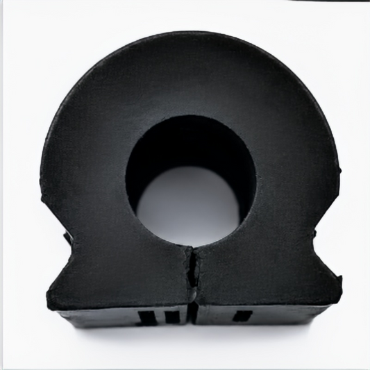 Black rubber stabilizer bar bushing with central mounting hole