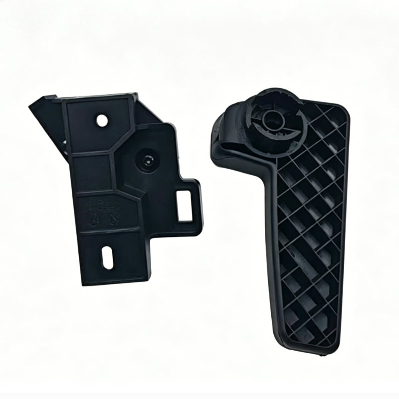 Hood latch release bracket and lever, black molded plastic with mounting holes