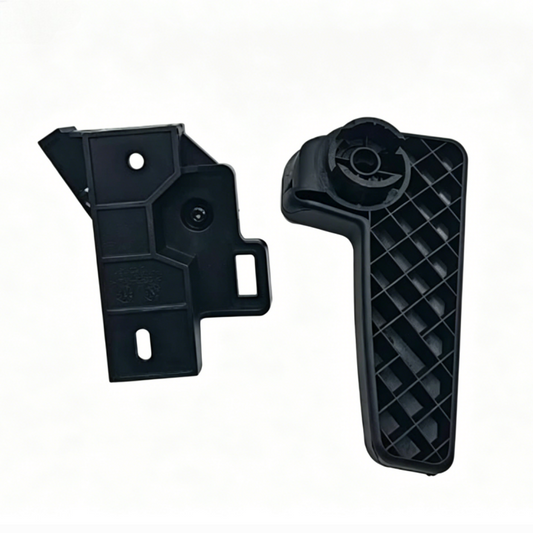 Hood latch release bracket and lever, black molded plastic with mounting holes
