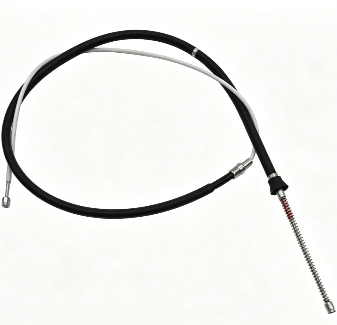 Parking brake cable with black housing and metal end fittings, including threaded adjuster