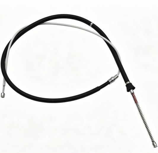 Parking brake cable with black housing and metal end fittings, including threaded adjuster