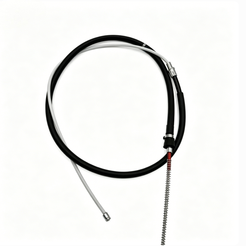Parking brake cable with black housing, spring adjuster, red band, metal ends, loop
