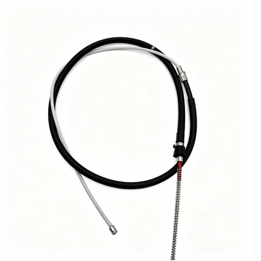 Parking brake cable with black housing, spring adjuster, red band, metal ends, loop