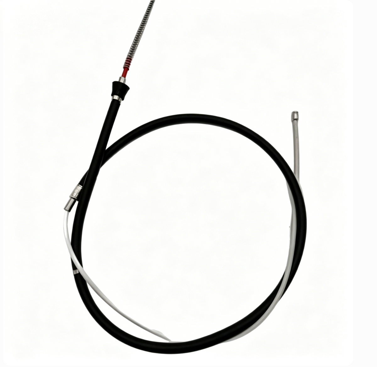 Parking brake cable with black loop, spring section, red band, two metal connectors