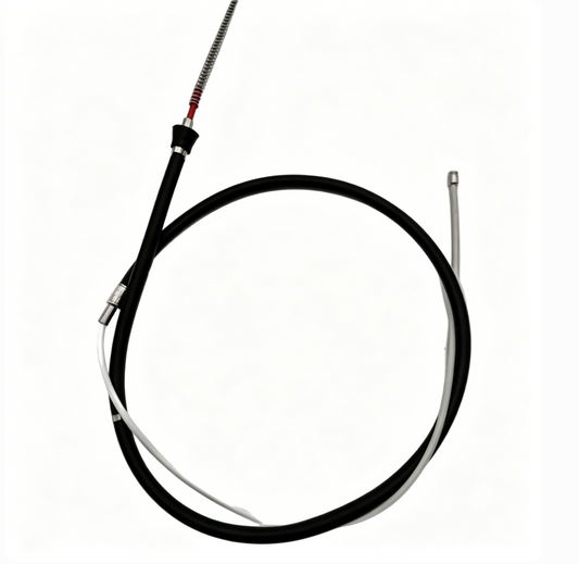 Parking brake cable with black loop, spring section, red band, two metal connectors