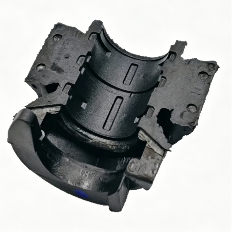 Rear stabilizer bar bushing with black rubber and metal mounting tabs