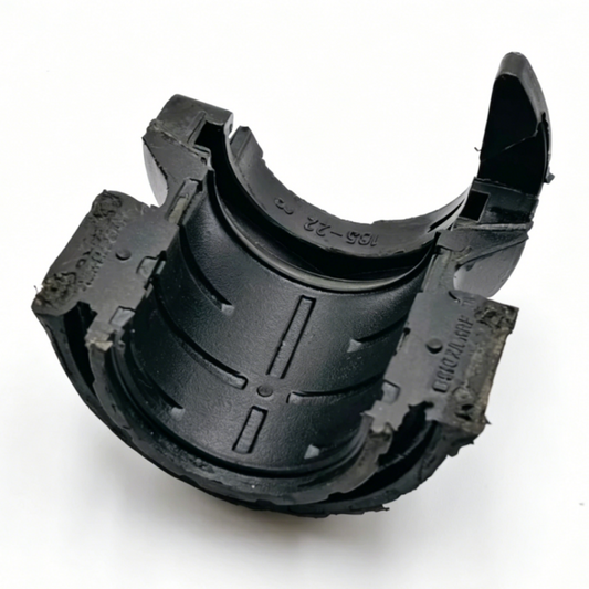 Stabilizer bar bushing, black rubber sleeve with inner groove and side cutouts