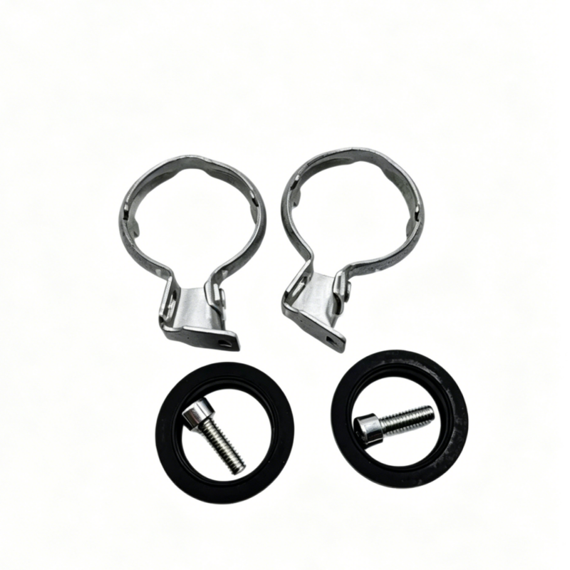 Heater core repair kit with two metal hose clamps and two black rubber seals