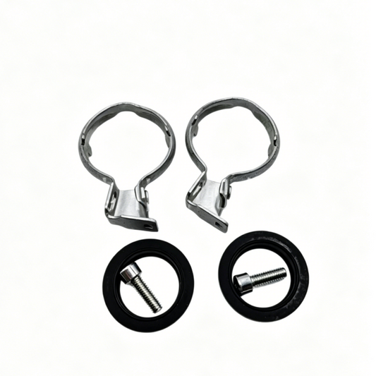 Heater core repair kit with two metal hose clamps and two black rubber seals