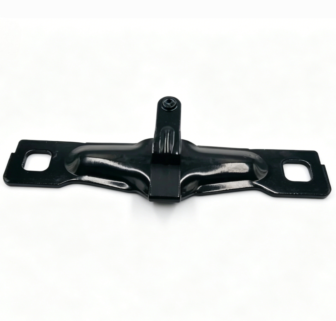Black tailgate lock striker bracket with mounting holes and central pin