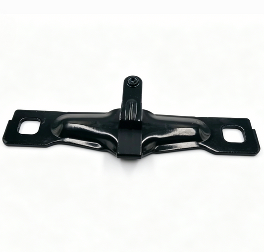 Black tailgate lock striker bracket with mounting holes and central pin