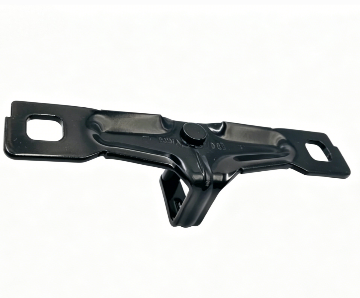 Black tailgate lock striker bracket with curved hook and rectangular mounting slots