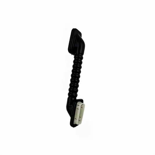 Tailgate wiring harness sleeve with ribbed black sheath and light green connector insert