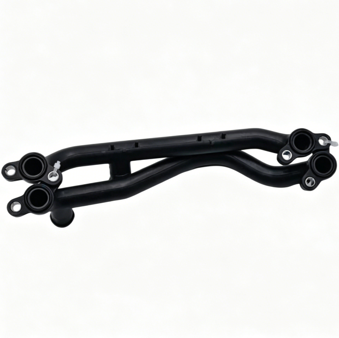 Black coolant hose assembly with four circular ports and metal mounting hardware